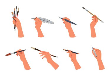 Elleriniz fırça ve kalem seti tutsun. Yaratıcı tasarım ve resim için mimari proje araçlarının çizimi ve çizimi sanatsal yaratılış ve eğitimin sembolü. Çizgi film vektör sanatı.