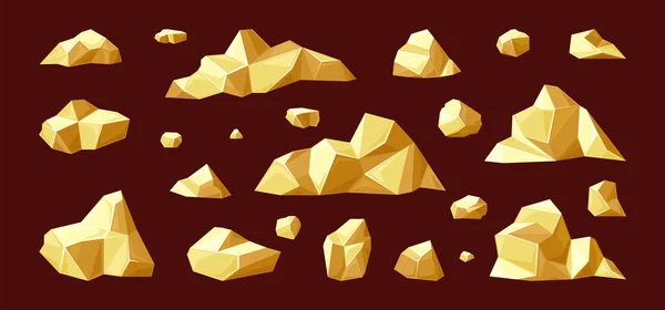 Pieces of golden ore set. Precious stones of various shapes with fossil materials mining for decoration production broken fragments of natural minerals for world industry. Vector cartoon design.