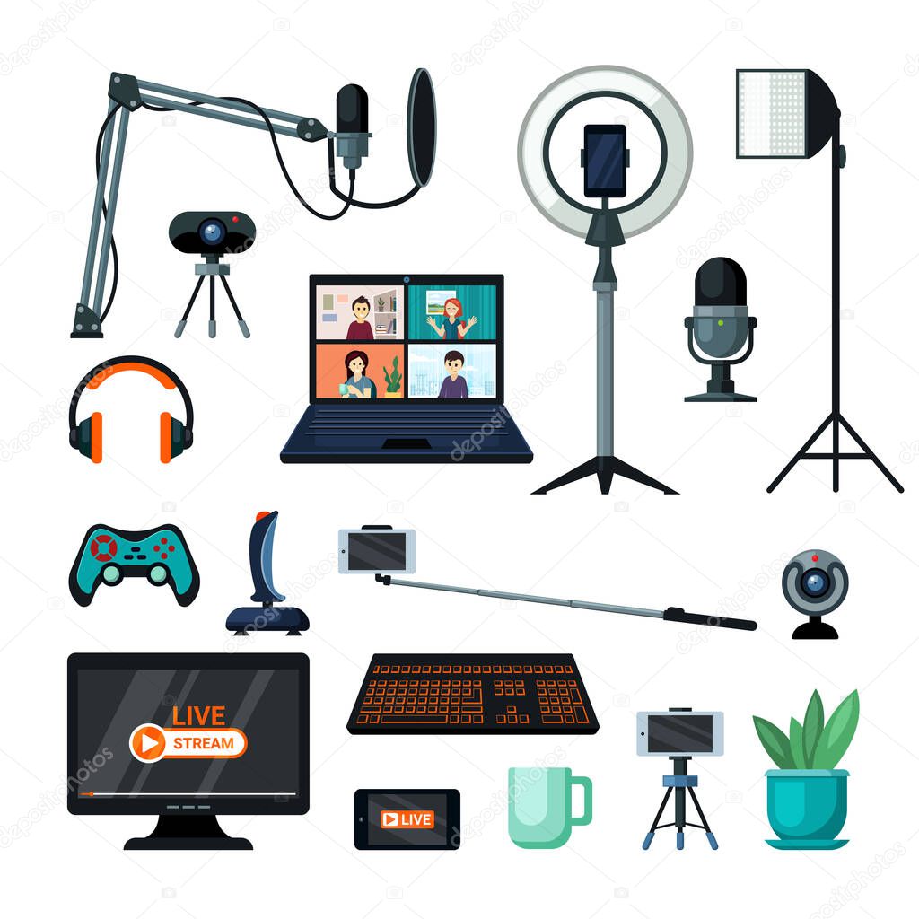 Equipment for streamers and bloggers set. Special lights and digital cameras powerful microphones for online podcasts joysticks with gaming keyboards for web game streaming. Colorful cartoon vector.