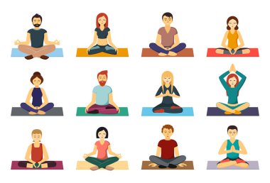 Halıdaki insanlar Lotus pozisyonunda meditasyon yaparlar. Yoğunlaşmış erkek ve kadınlar, kendilerini ve doğayı uysallaştırmak için yoga egzersizleri yaparak huzur içinde dinleniyorlar. Vektör karikatür dengesi.