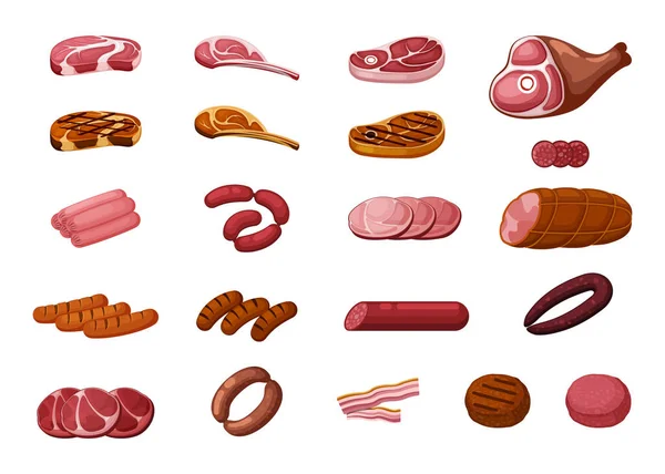 Fleischprodukte Set vorhanden. Gegrillte Schweine- und Rinderfilets mit appetitlichen Krusten, frische rote Steaks und gebratene Koteletts, köstliche Bio-Würstchen und Snacks. Cartoon-Vektorgrill. — Stockvektor