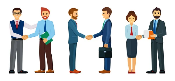 Business people greet set. Joyful businessmen conclude with handshake successful professional partnership and lucrative teamwork contract for confident cooperation. Corporate cartoon vector. — Stock Vector