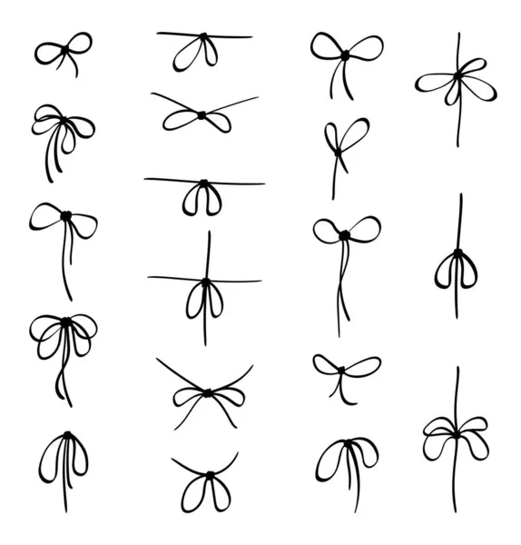 Knots and bows from threads set. Black collection of various loops for decorating gifts and festive events fancy jute braid with variety of tracery with decorative eights. Vector flat twine. — Stock Vector