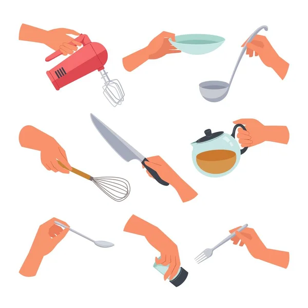 Handen met keukenapparatuur set. Koken en snijden voedsel met kloppen met mixer en de hand garde gieten vers gebrouwen koffie toegevoegde suiker gieten soep in kom met schotel. Cartoon vector chef. — Stockvector