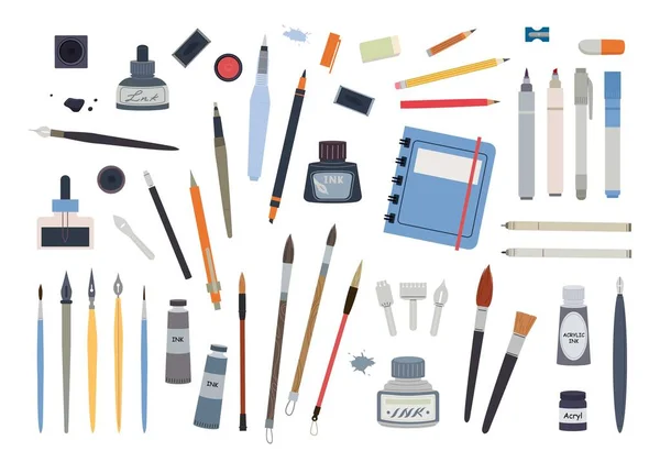 Professioneel ontwerp en schilderen tools set. Tekening pennen en geslepen potloden met markers speciale inkt borstels met scherpe punten gummen voor geometrie en schone kunsten. Vector cartoon engineering. — Stockvector