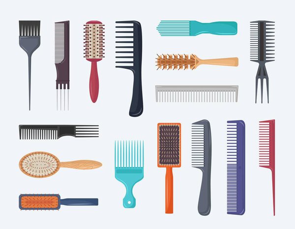 Various modifications of combs set. olorful tems for styling hair and hairstyles plastic and metal accessories for stylists and convenient items for everyday care. Cartoon grooming vector.
