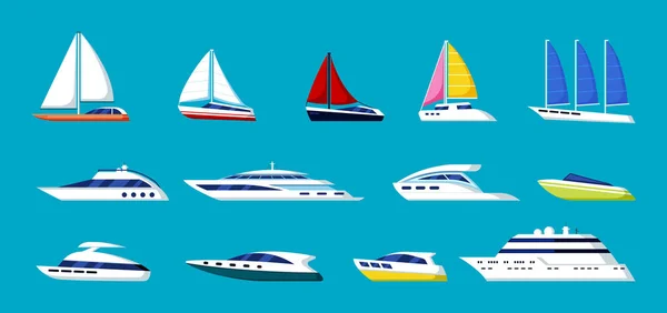Speed yachts and sailboats set. Modern ships with luxurious bright design for world regatta and elite sailing of wealthy sea going fast frigates and schooners. Vector ocean travel. — Stock Vector