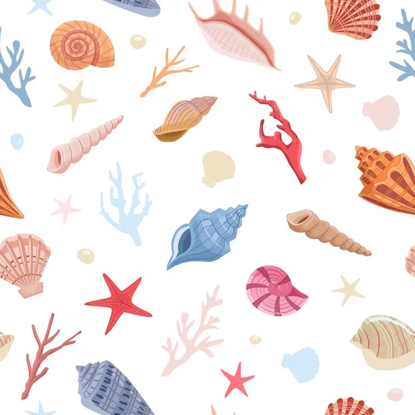 Seashells e corais sem costura padrão. Galhos brilhantes com conchas coloridas de decoração de moluscos de vieira de aquário interior e na moda de moluscos do fundo do oceano. Vetor exótico de vida selvagem. Gráficos Vetores