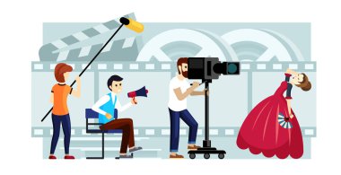 Film sahnesi illüstrasyonu. Ortaçağ temalı film yönetmeni ve kameraman çekim sahnesiyle sahne arkası ve operatör tarafından hazırlanmış bir aksiyon. Vektör film yapımı çizgi film.