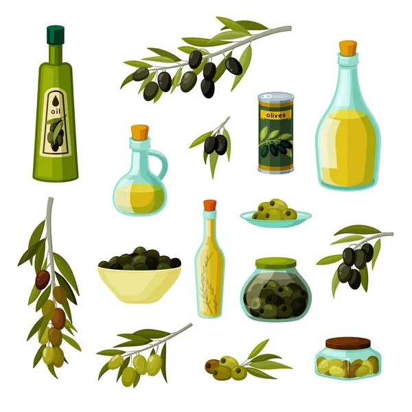 Оливковое масло и закуски. Витаминно-желтый помесь и фрукты для сохранения овощей для приправы блюда и натуральное питание диеты спелых зеленых и черных продуктов на ветке. Урожай векторной карикатуры. — стоковый вектор