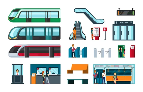 Plantilla de viaje del metro. Escaleras mecánicas y vallas publicitarias digitales con horarios de ruta personajes masculinos y femeninos pasan a través del torniquete y esperan a que llegue el tren para comprar boletos. Dibujos animados vectoriales. — Archivo Imágenes Vectoriales