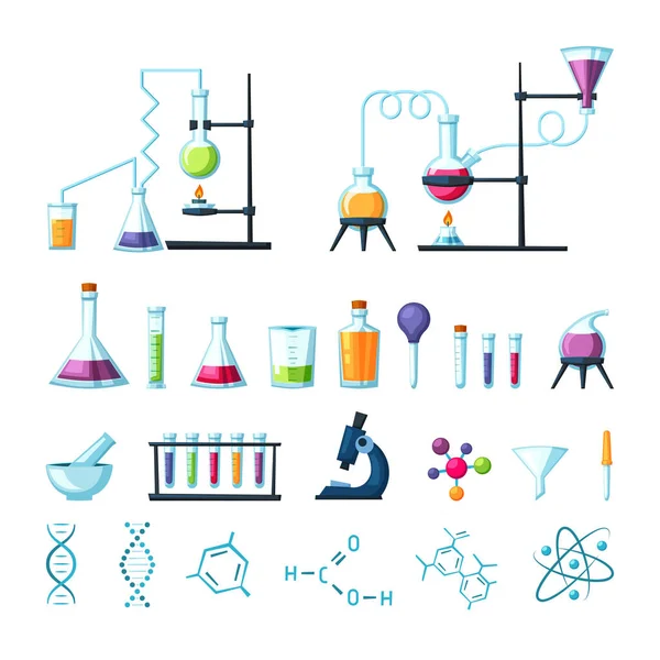 Conjunto de equipamentos de laboratório químico. Tubos de microbiologia com reagentes coloridos e aparelhos para destilar argamassa de pipeta para moer com precisão dosagem em pesquisa. Desenhos animados vetoriais científicos. — Vetor de Stock