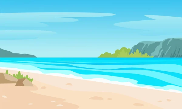 Дикий тропічний пляж з морськими лагунами. Сірий пісок з камінням та рослинними горами на горизонті та блакитному небі з хмарами, захоплюючими подорожами та літнім туризмом. Векторні мультфільми пригоди . Стокова Ілюстрація
