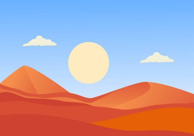 Sıcak güneş manzaralı gündüz çölü. Kum portakalı kum tepelerinde asılı duran büyük disk, bitkiler ve hayvanlar olmadan kurak bir düzlüktedir. Arizona 'nın vahşi doğası felakettir. Vektör çizgi film macerası.