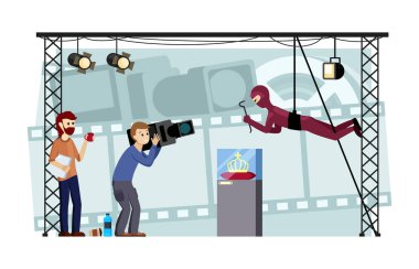 Film yapımı ve film seti. Kamera kurulumu operatör ve sahne arkası grup oyuncuları tarafından, film ekibi profesyonel makyaj sanatçılarıyla ve video kayıt stüdyosuyla. Vektör karikatürü.