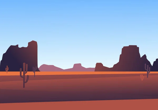 Abends bergige Wüste mit Kakteenlandschaft. Dünen mit braunen Steinen blauer Himmel und grüne dornige Pflanzen natürliches Panorama der Wüste Sahara ohne Oasen. Vektorsandstein. — Stockvektor