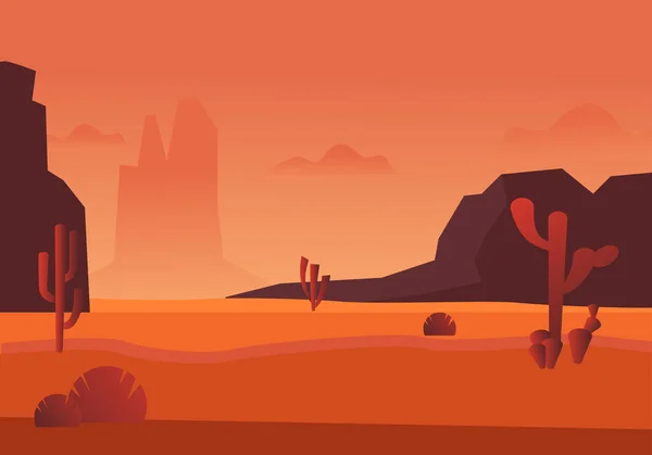 Heiße orangefarbene Wüste mit Berglandschaft. Schöne rote Schimmer von Sand mit getrockneten Kakteen felsigen Hügeln natürliches Panorama der Wüste Sahara ohne Oase. Vektor-Cartoon-Wildnis. — Stockvektor