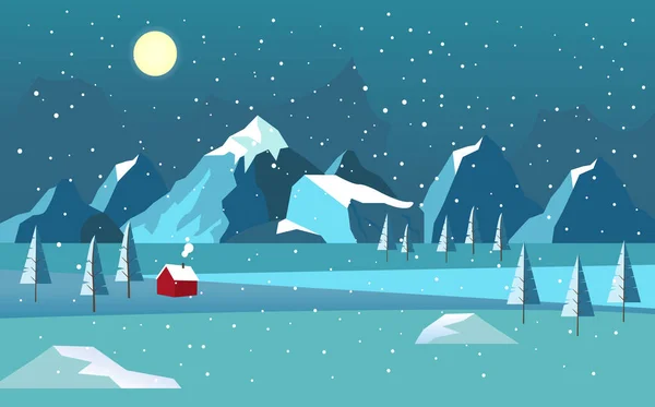 Χειμερινό τοπίο με βουνά και απεικόνιση των δασών. Νυχτερινή χιονόπτωση με λαμπερό φεγγάρι στο σπίτι του ουρανού που καλύπτεται με χιόνι με λευκά δέντρα και παγωμένο ποτάμι. Διάνυσμα κρύο κινούμενα σχέδια. — Διανυσματικό Αρχείο