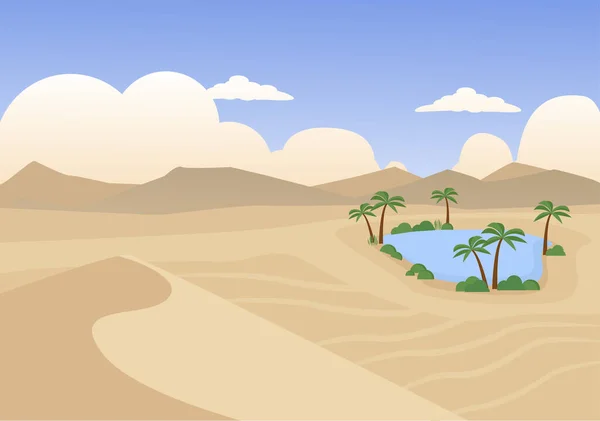 Deserto com oásis e palmeiras paisagem. Colinas de areia marrom e céu azul quente com natureza selvagem ambiente panorama natural com belo deserto árido yelloe. Vector desenho animado fundo. — Vetor de Stock