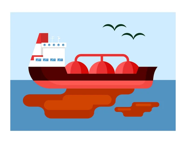 Oil spill from tanker illustration. Pollution of environment through fuel spills into ocean global environmental disaster in marine area modern industry pollutes environment. Vector cartoon ecology. — Stock Vector