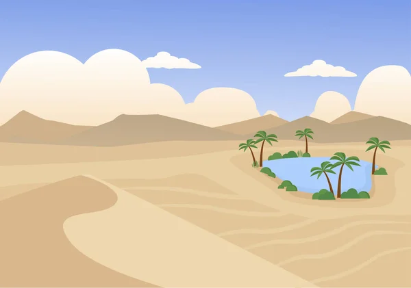 Woestijn met oase en palmbomen landschap. Bruine zandheuvels en hete blauwe lucht met wildernis natuurlijke panorama-omgeving met prachtige dorre yelloë woestijn. Vector cartoon achtergrond. Rechtenvrije Stockillustraties