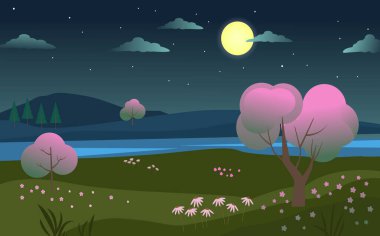 Nehir ve dağ resimleriyle dolu gece baharı manzarası. Bulutları ve ayı olan karanlık gökyüzü pembe ağaçlar ve yeşil çayırlar vadiden akan mavi göl. Çizgi film vektör arkaplanı.