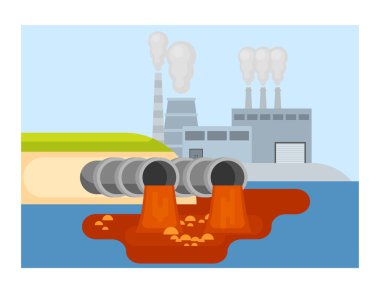 Nehir çizimine endüstriyel atık boşaltımı. Gezegen su kaynaklarının zehirli kimyasal maddelerle kirlenmesi küresel ekolojik felaket. Vektör çizgi arkaplanı.