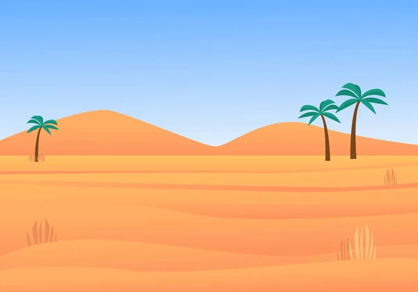 Gelbe Wüste mit Palmenlandschaft. Im Freien sandige Hügel und heißer Himmel mit Wildnis natürliche Panoramalandschaft mit schönen trockenen orangen Wüste. Vector Cartoon Sommer. — Stockvektor