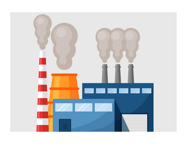 Emisiones industriales a la atmósfera ilustración. La contaminación ambiental a través de las emisiones a la atmósfera de las fábricas aumenta en CO2, lo que conduce al calentamiento del clima. Vector humo de dibujos animados — Vector de stock