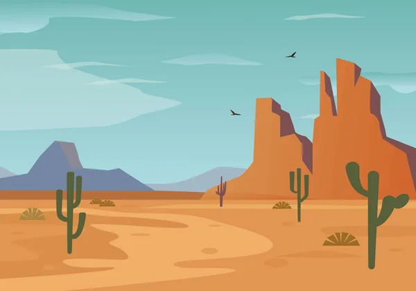 Canyon del deserto con illustrazione di cactus. Colline di sabbia gialla e cielo caldo con avvoltoi volanti paesaggio naturale di arenaria di bellissimo deserto arido senza oasi. Vettore paesaggio dei cartoni animati. Illustrazione Stock