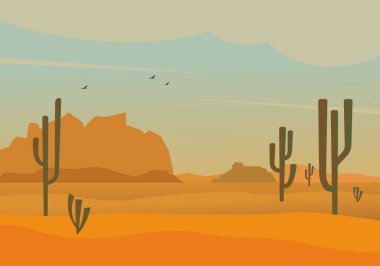 Yellow desert canyon with cacti landscape. Outdoor sandy hills and hot sky with flying vultures natural sandstone panorama of beautiful arid desert without oasis. Vector cartoon background.