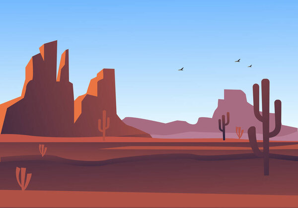 Midday sultry desert with mountains landscape. Sand purple dunes with brown stones blue skies and thorny cacti natural panorama of sahara arid wilderness. Vector cartoon background.