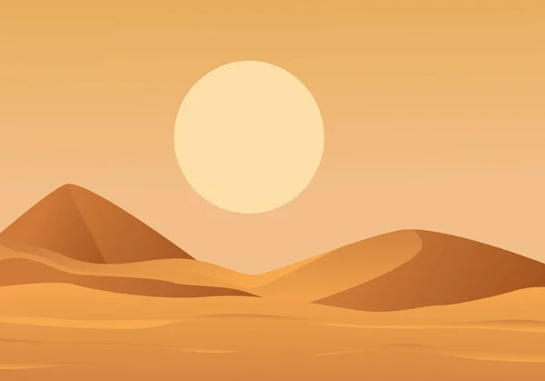 Desierto caliente con puesta de sol paisaje. Amarillo disco grande colgando en dunas de arena llanura árida sin plantas y animales desastroso lugar seco arizona desierto. Fondo de dibujos animados vectorial. — Vector de stock