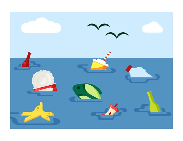 World ocean pollution illustration.Planetary ecological problem ingress of plastic metal food waste into water resources which leads to death of fish and other organisms. Vector cartoon trash — ストックベクタ