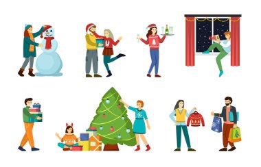 Xmas kutlaması. Mutlu insanlar kış mevsiminde hediyeler ve Noel ağacıyla süslenir. vektör kümesi