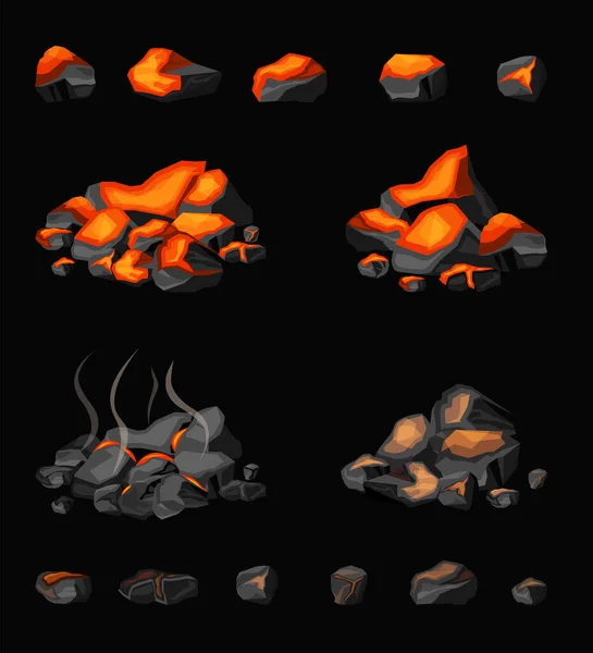 Carvão de fogo. queima de energia quente natural escuro pedras brilhantes de lareira. Ilustrações de desenhos animados vetoriais —  Vetores de Stock