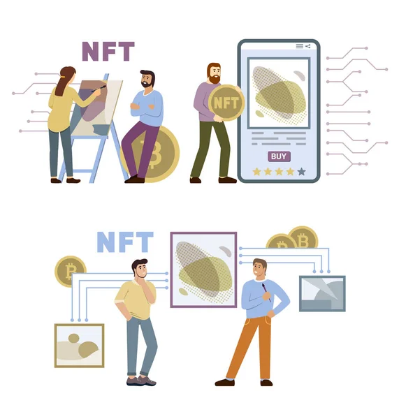 Crypto art. Nft token for selling digital art decentralized online investment. Vector people — Stock Vector