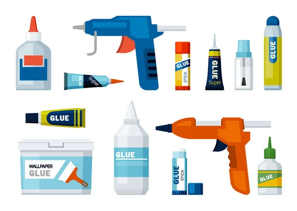 Glue tubes. office supplies different packages of glue. Vector colored illustrations — Image vectorielle