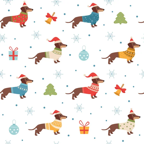 Dachshund pattern. christmas seasonal template with long dog in winter knitted sweaters clothes for pets. Vector seamless background — Stockový vektor