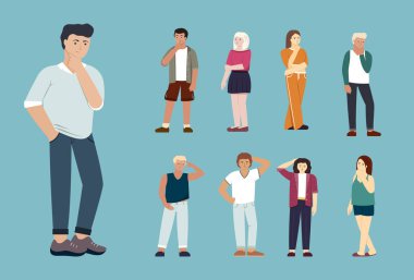 question marks people. thinking standing characters with mind problems. Vector illustrations set