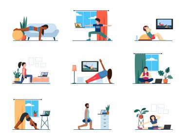 Home sport exercises. people doing workout exercises indoor. fitness healthcare male and female at home vector cartoon illustrations
