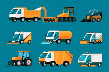 city cleaning cars. urban harvesting vehicles trucks with waste containers tractors big machines. Vector cartoon templates