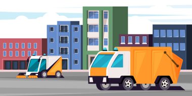 urban cleaning. city background with harvesting machines. Vector urban landscape with houses