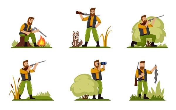 Hunters Man Gun Hunting Duck Shutting Weapon Cartoon Vector Characters — Διανυσματικό Αρχείο