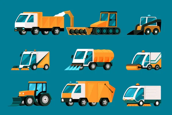 City Cleaning Cars Urban Harvesting Vehicles Trucks Waste Containers Tractors — Vetor de Stock