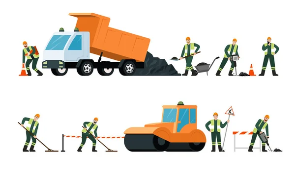 Road Repair Workers Highway Professional Workers Making Safety Barricade Vector — Διανυσματικό Αρχείο