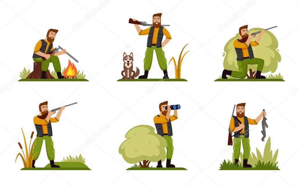hunters. man with gun hunting to duck shutting with weapon. cartoon vector characters in action poses