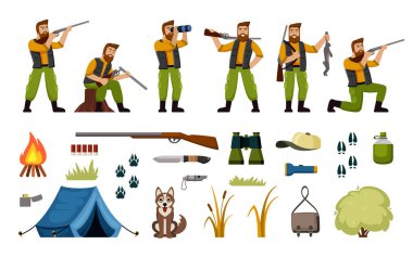 hunters. weapons camping tools tent binoculars bonfire. Vector characters hunters in action poses