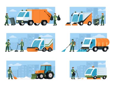 urban cleaning transport. trucks tractors heavy machines for cleaning services in city vector pictures collection
