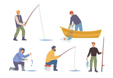 fishing. characters sitting with rods and fishing outdoor lifestyle hobby vector cartoon illustrations